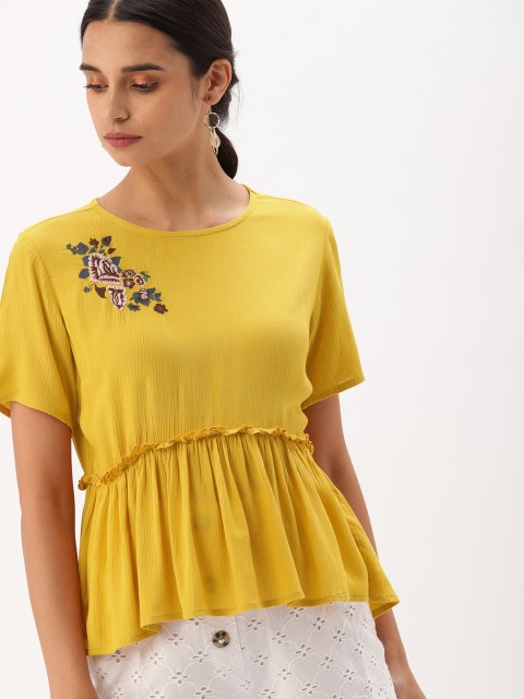 

DressBerry Women Yellow Solid Cinched Waist Top