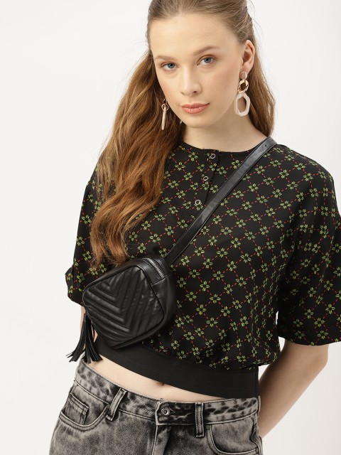 

DressBerry Women Black Printed Cropped Blouson Top