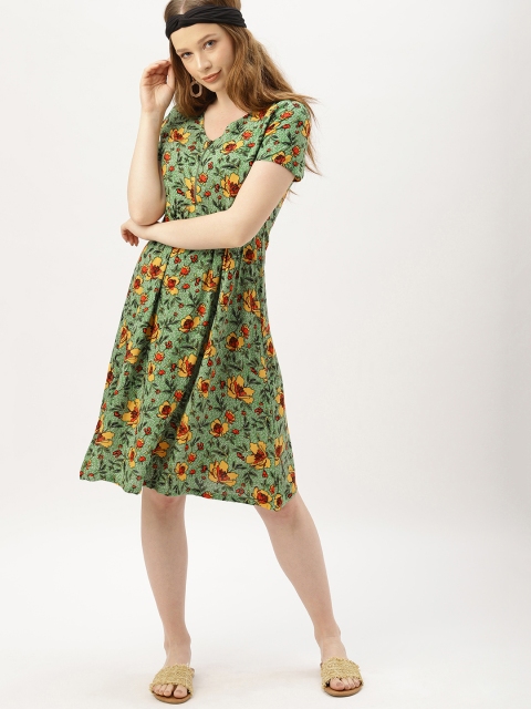 

DressBerry Women Green & Red Floral Print A-Line Dress