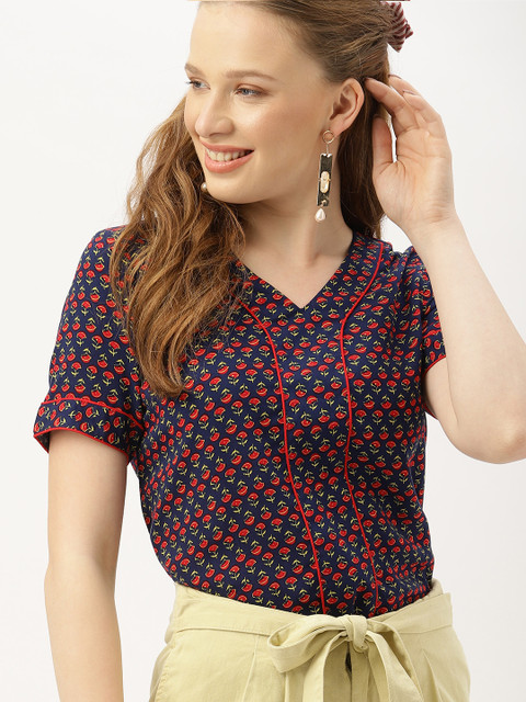 

DressBerry Women Navy Blue & Red Printed Regular Top