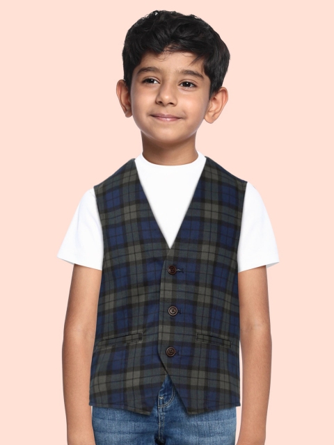 

Indian Terrain Boys Grey & Blue Checked Single-Breasted Waistcoat