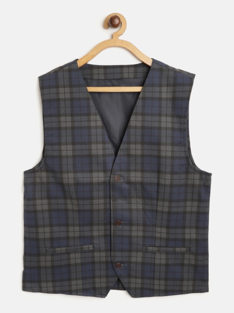 

Indian Terrain Boys Navy Blue & Charcoal Grey Checked Waistcoat