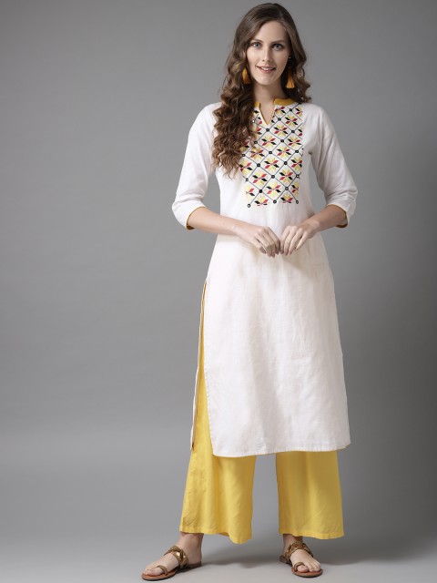 

HERE&NOW Women White Yoke Design Straight Kurta