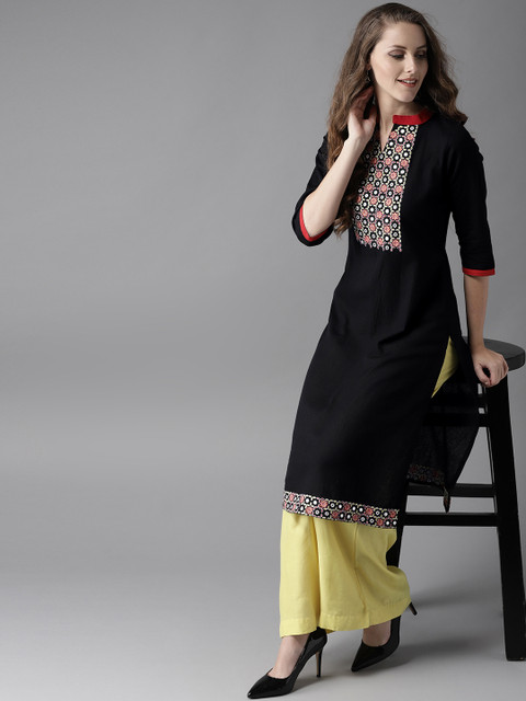 

HERE&NOW Women Black & Red Yoke Design Straight Kurta
