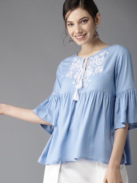 

HERE&NOW Women Blue Embroidered Detail A-Line Top