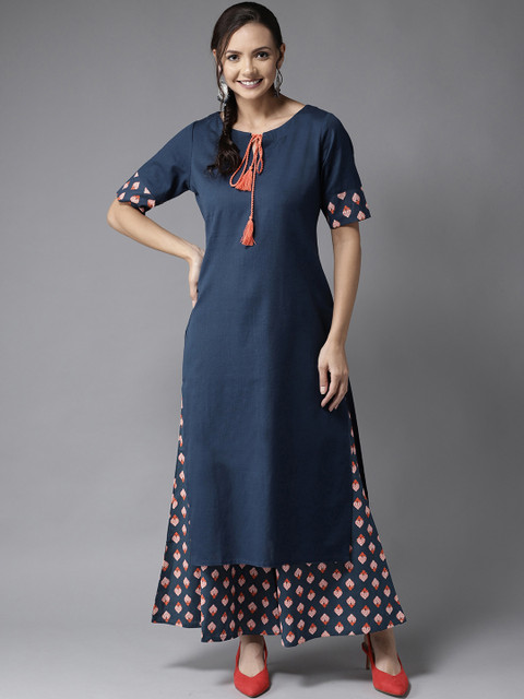 

HERE&NOW Women Navy Blue & Orange Solid Kurta with Palazzos