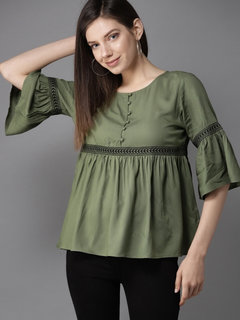 

HERE&NOW Women Olive Green Solid Empire Top