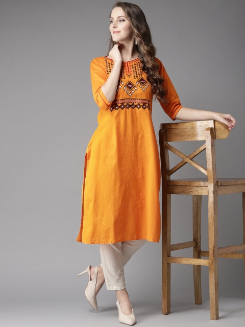 

HERE&NOW Women Orange Yoke Design Straight Kurta