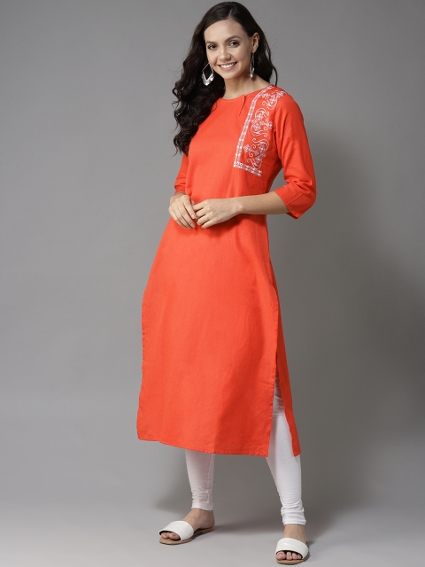 

HERE&NOW Women Orange Solid Straight Kurta