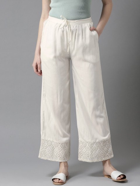 

HERE&NOW Women Off-White Hem Design Straight Palazzos