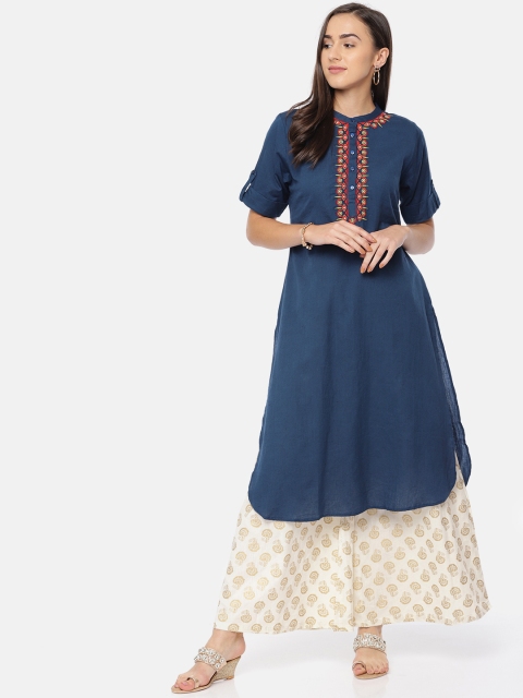 

HERE&NOW Women Navy Blue Yoke Design Straight Kurta