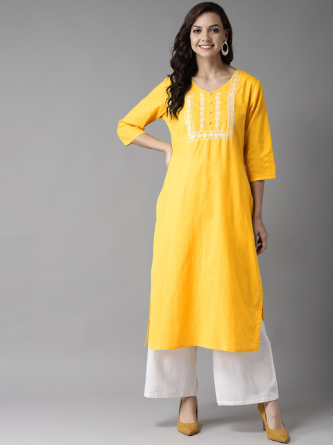 

HERE&NOW Women Yellow Yoke Design Straight Kurta
