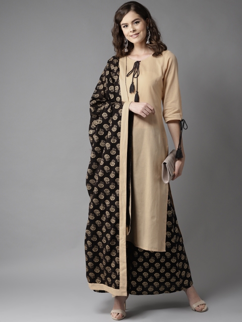 

HERE&NOW Women Beige & Black Solid Kurta with Palazzos & Dupatta
