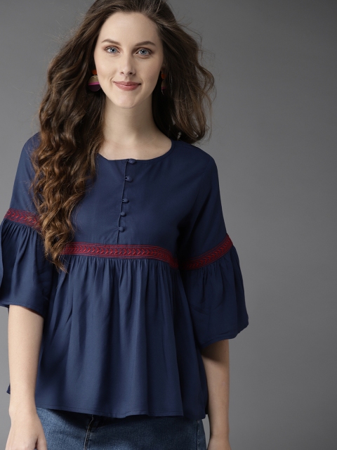 Navy Blue A-Line Top With Bell Sleeves
