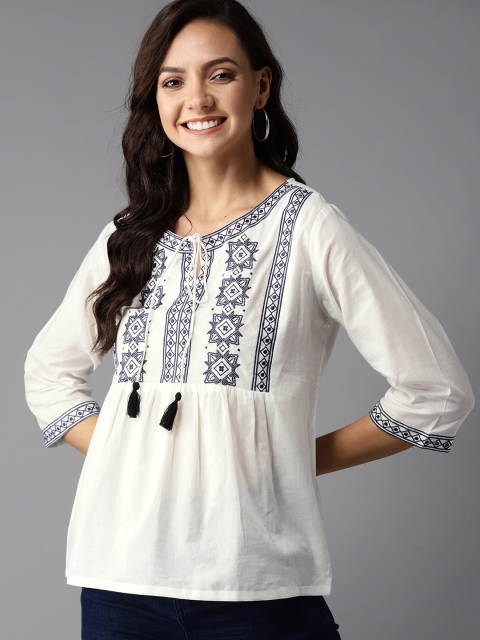 

HERE&NOW Women White & Navy Embroidered Detail Top