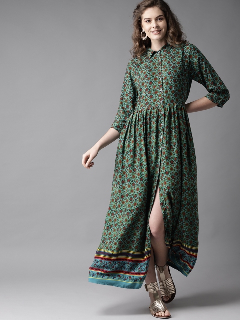 

HERE&NOW Women Blue & Rust Red Floral Printed Maxi Dress