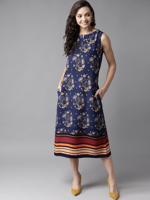 

HERE&NOW Women Navy Blue & Yellow Printed A-Line Dress