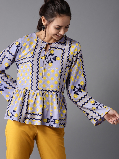 

HERE&NOW Women Blue & Yellow Printed A-Line Top
