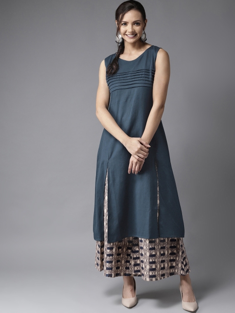

HERE&NOW Women Navy Blue & Beige Solid Kurta with Palazzos