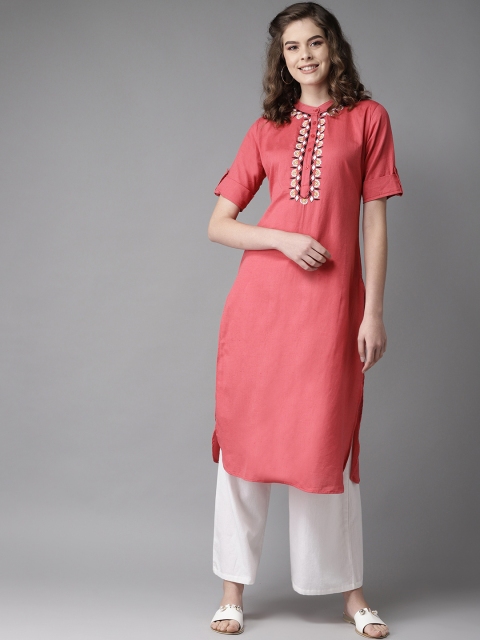 

HERE&NOW Women Pink Yoke Design Straight Kurta