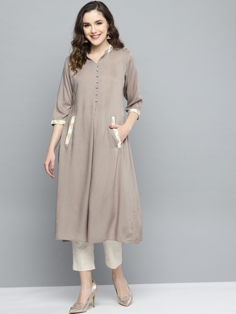 

HERE&NOW Women Taupe Solid A-Line Kurta
