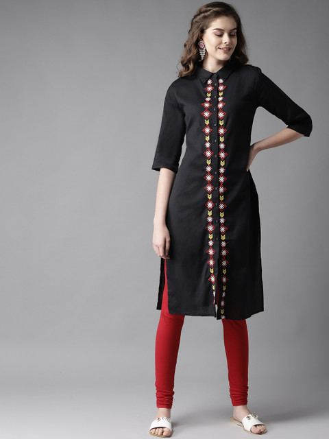 

HERE&NOW Women Black Embroidered Detail Straight Kurta