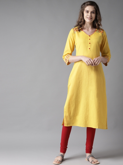 

HERE&NOW Women Yellow Solid Straight Kurta