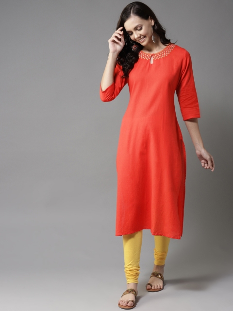 

HERE&NOW Women Orange Solid Straight Kurta