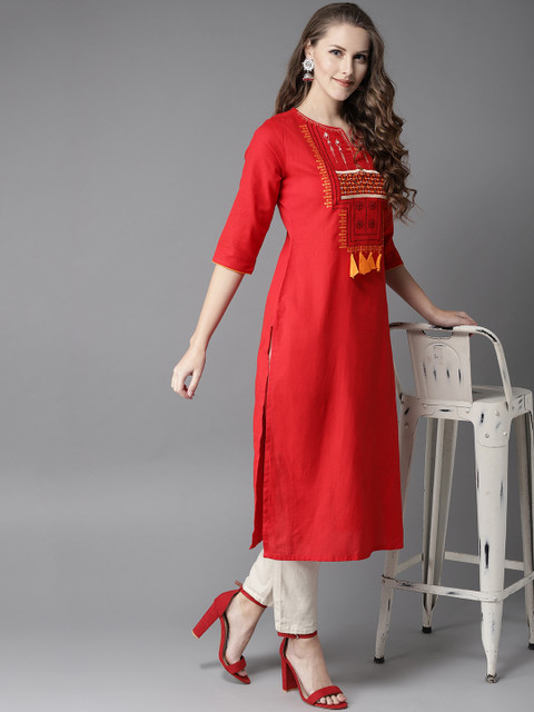 

HERE&NOW Women Red Yoke Design Straight Kurta