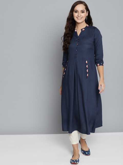 

HERE&NOW Women Navy Blue Solid A-Line Kurta