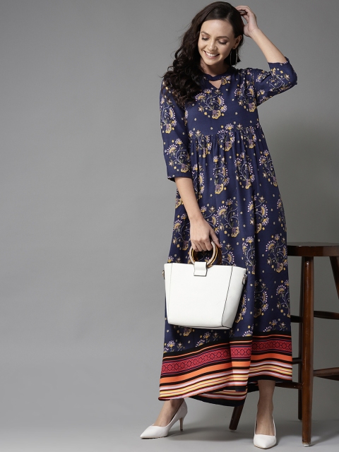

HERE&NOW Women Navy Blue & Yellow Maxi Dress