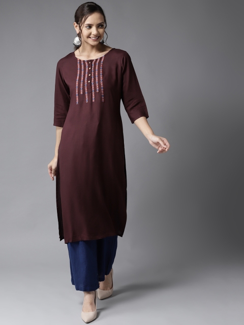 

HERE&NOW Women Burgundy Yoke Design Straight Kurta