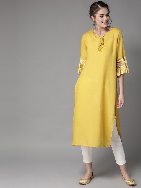 

HERE&NOW Women Mustard Yellow Solid Straight Kurta