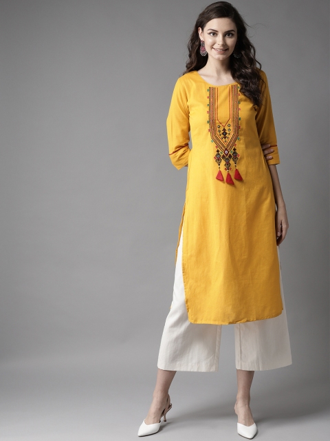 

HERE&NOW Women Mustard Yellow Yoke Design Straight Kurta