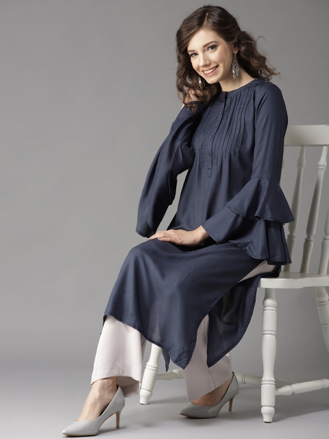 

HERE&NOW Women Navy Blue Solid Straight Kurta