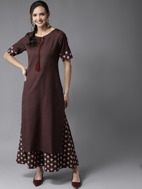 HERE&NOW Women Brown & Off-White Solid Kurta with Palazzos