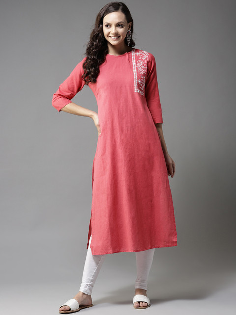 

HERE&NOW Women Coral Pink Solid Straight Kurta