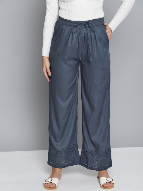 

HERE&NOW Women Navy Blue Hem Design Straight Palazzos