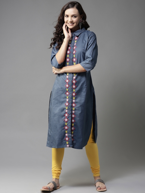 

HERE&NOW Women Blue Embroidered Detail Chambray Straight Kurta