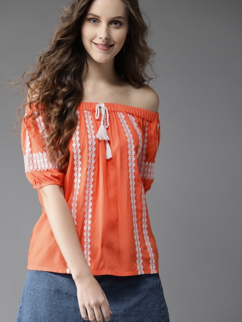 

HERE&NOW Women Orange & White Embroidered Bardot Top