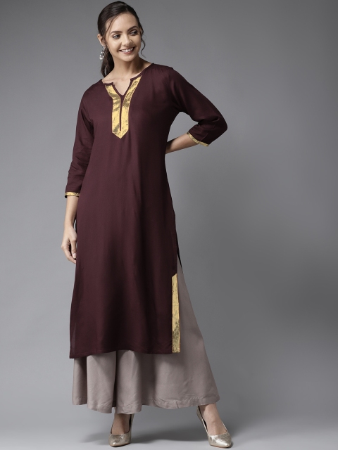 

HERE&NOW Women Burgundy Yoke Design Straight Kurta