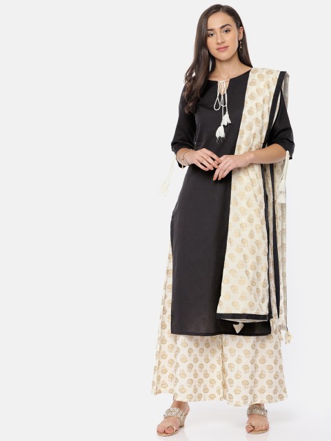 

HERE&NOW Women Charcoal Grey & Off-White Solid Kurta with Palazzos & Dupatta