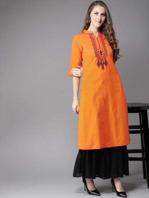 

HERE&NOW Women Orange Yoke Design Straight Kurta