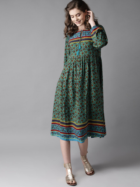 

HERE&NOW Women Blue & Green Printed A-Line Dress