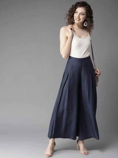

HERE&NOW Women Navy Blue Solid Flared Palazzos
