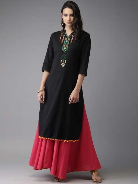 

HERE&NOW Women Black & Coral Pink Yoke Design Embroidered Kurta with Skirt