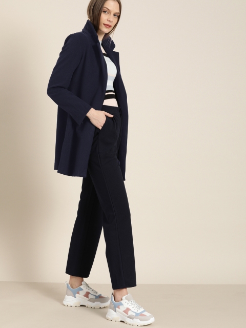 

her by invictus Women Navy Blue Solid Longline Overcoat
