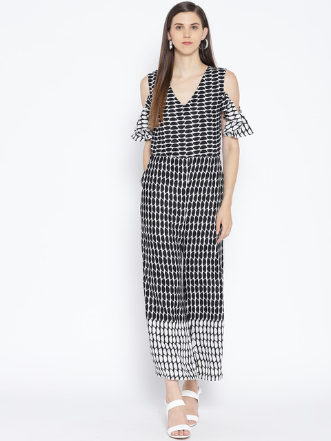 

Karmic Vision Women Black & White Printed Cold Shoulder Basic Jumpsuit