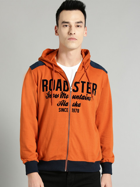 

Roadster Men Orange & Black Printed Hooded Sweatshirt