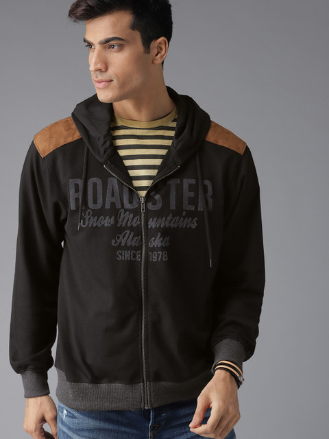 

Roadster Men Black & Charcoal Grey Printed Hooded Sweatshirt